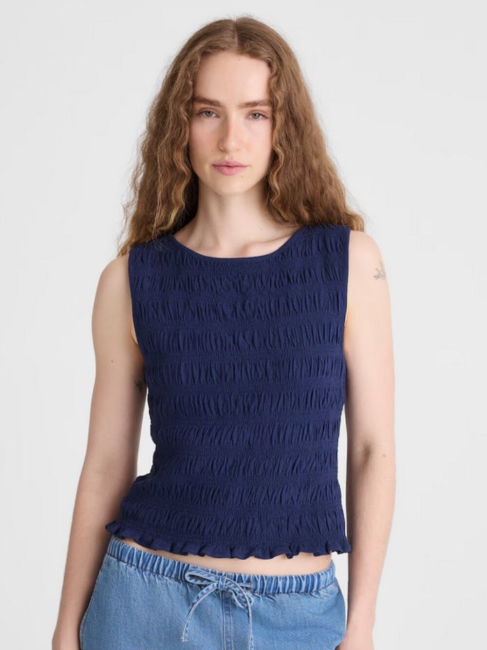 Madewell Smocked Boatneck Cotton Linen Top in Navy Size S